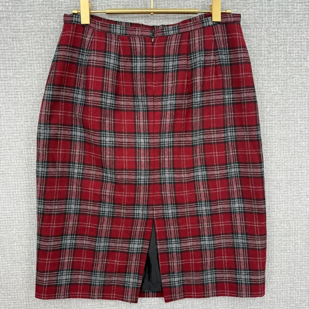 Hillard & Hanson Red Plaid Wool‎ Blend Pencil Skirt Vintage Made in USA Size 6